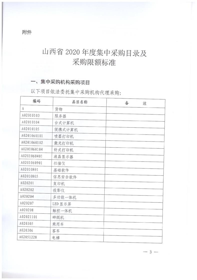 山西省财政厅关于印发《山西省2020年度集中采购目录及采购限额标准》的通知（晋财购〔2020〕1号）_3